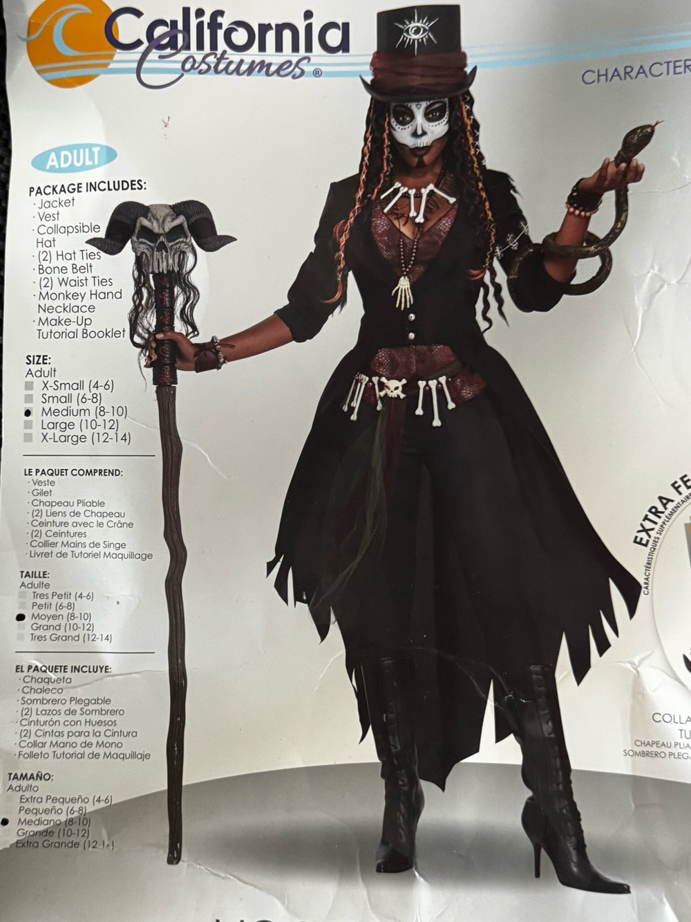 Voodoo Magic Priestess Costume Set Size Medium 8-10 + Voodoo Doll & Feather Prop